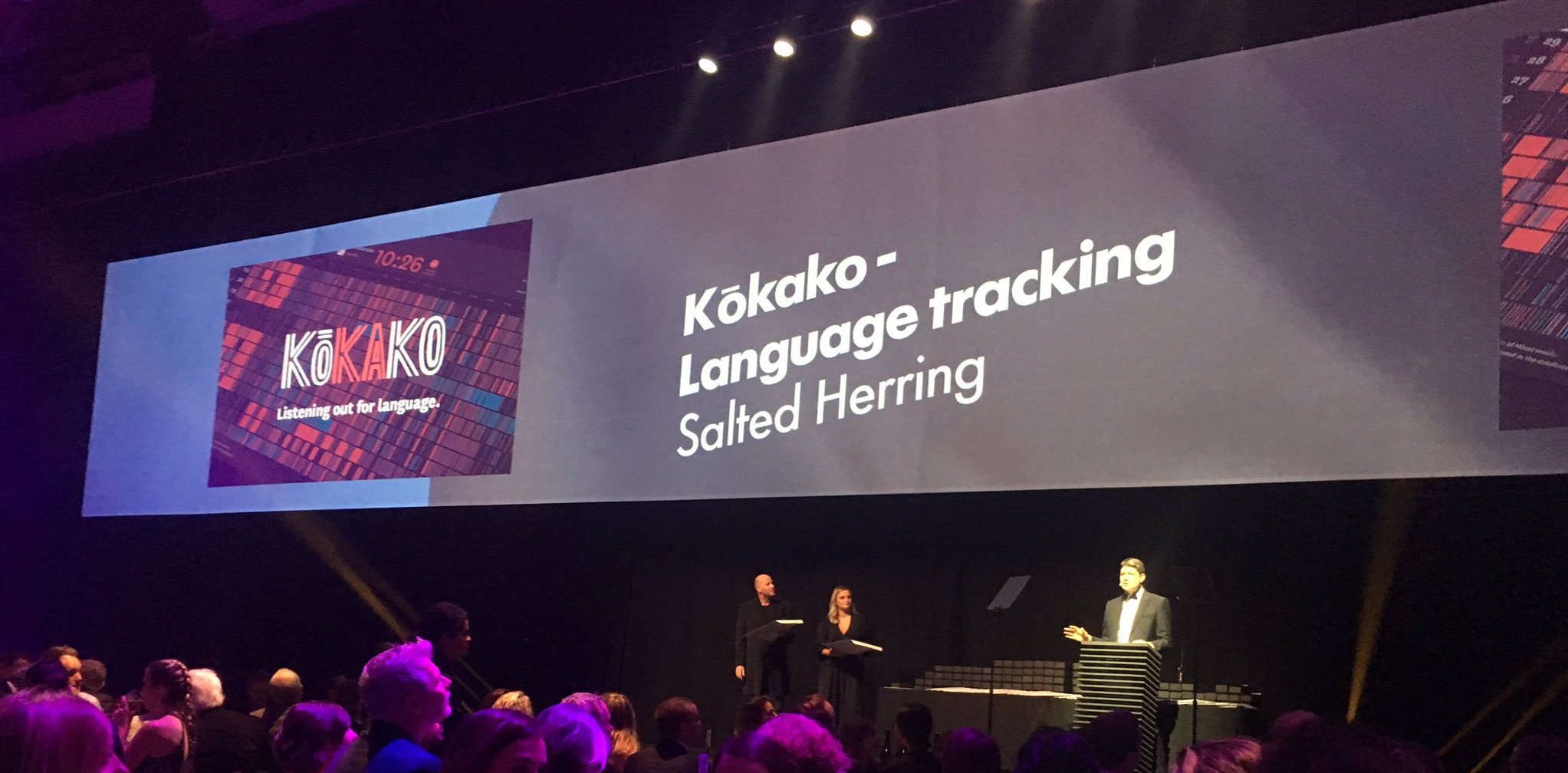 The Kōkako award being announced, photo by Simon Winter of Salted Herring