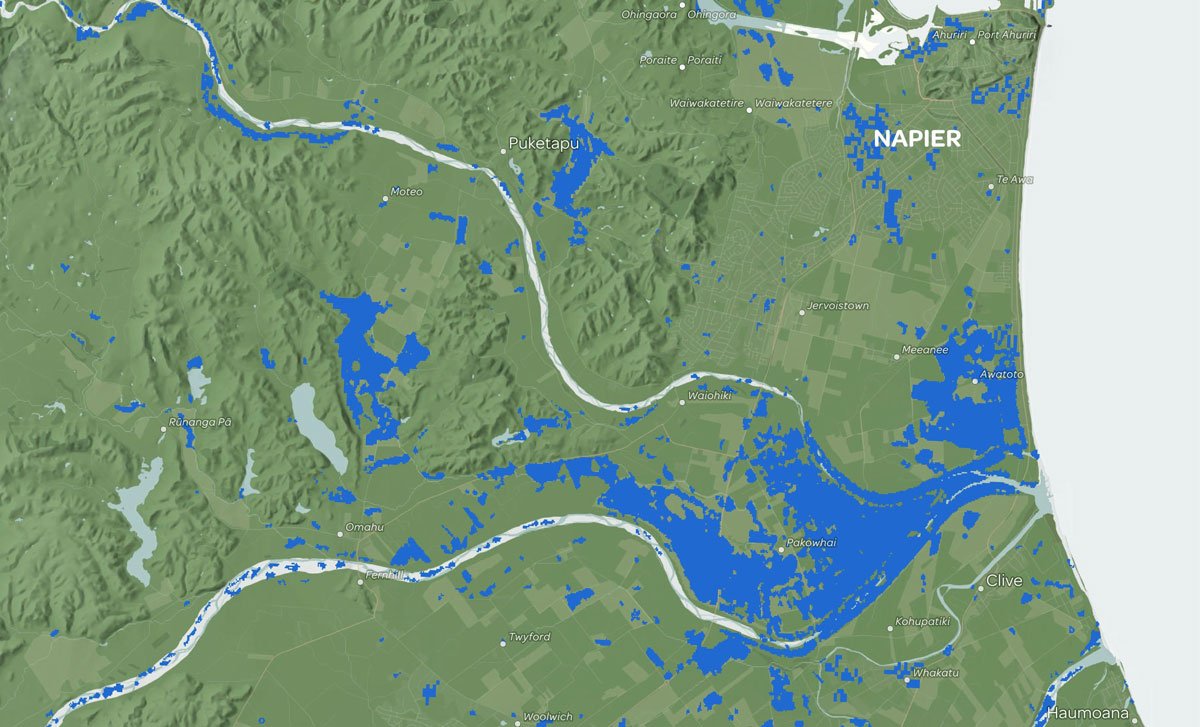 Extent of flooding near Napier on Tuesday 14 February at 8.07 pm. Flooded areas are coloured blue.
